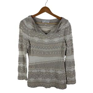 St John Collection Marie Gray 3D Textured Knit Sweater Medium Beige Neutral Cozy